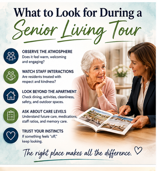 A tour is more than simply looking at a building. It’s an opportunity to evaluate safety, care, staff interaction, cleanliness, and overall quality of life.